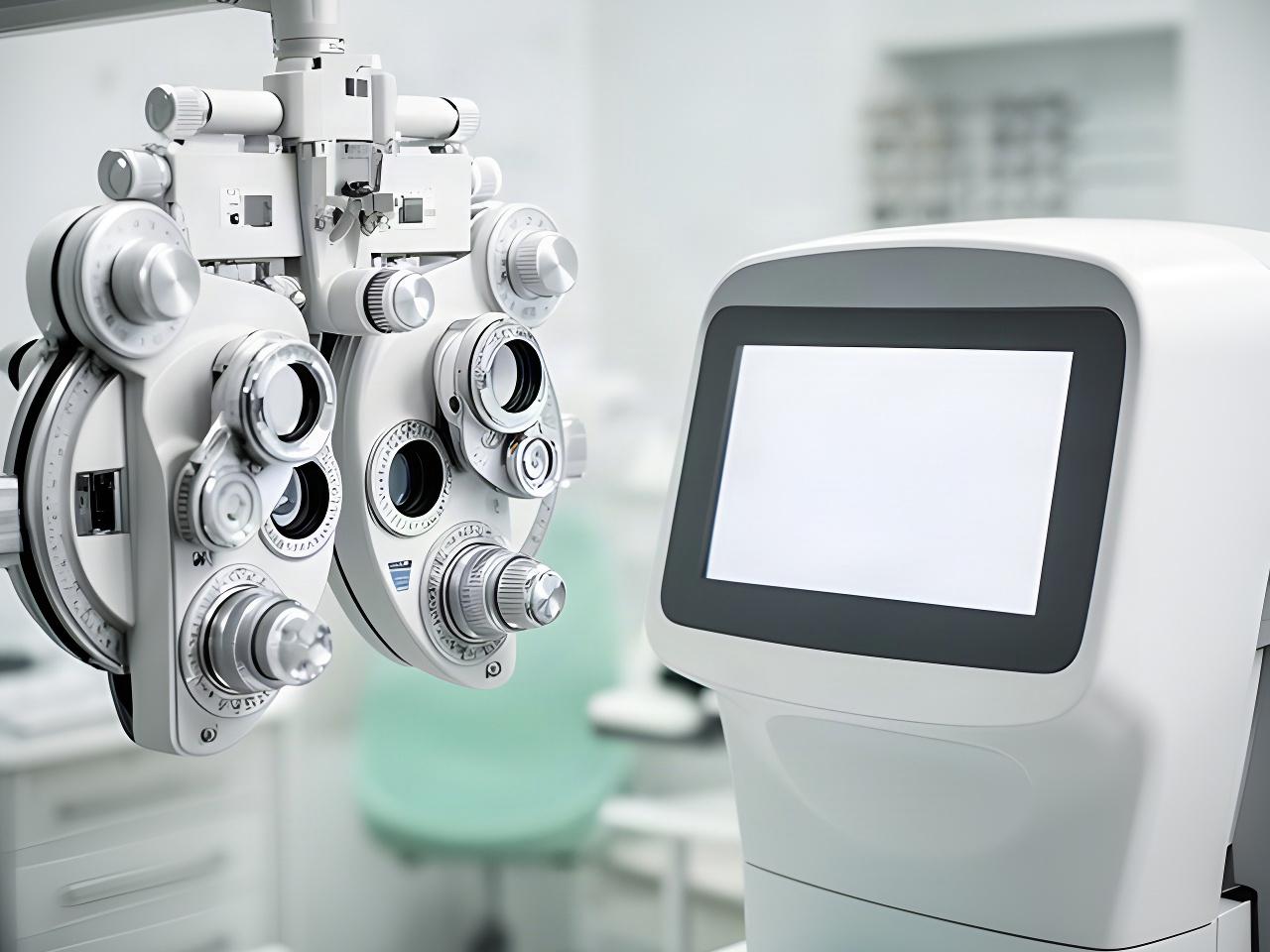Nahaufnahme eines Phoropters und eines digitalen 3D-Augenscanners in einer modernen Optometrie-Praxis