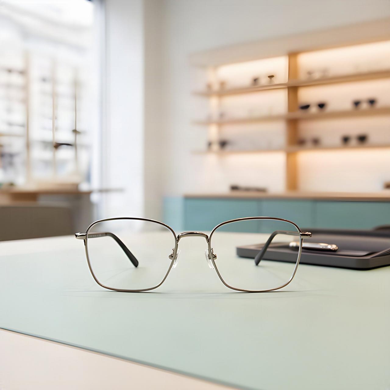 Brille auf einem Beratungstisch in einem hellen Optikgeschäft in Genf