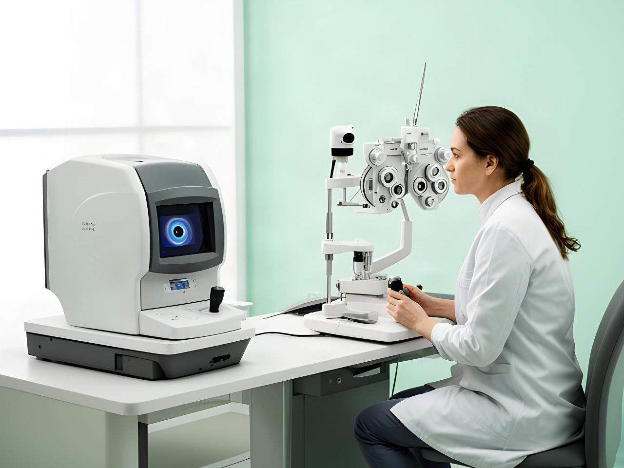 Optometristin an einer digitalen Untersuchungseinheit mit Phoropter und 3D-Augenscanner in einem hellen Studio