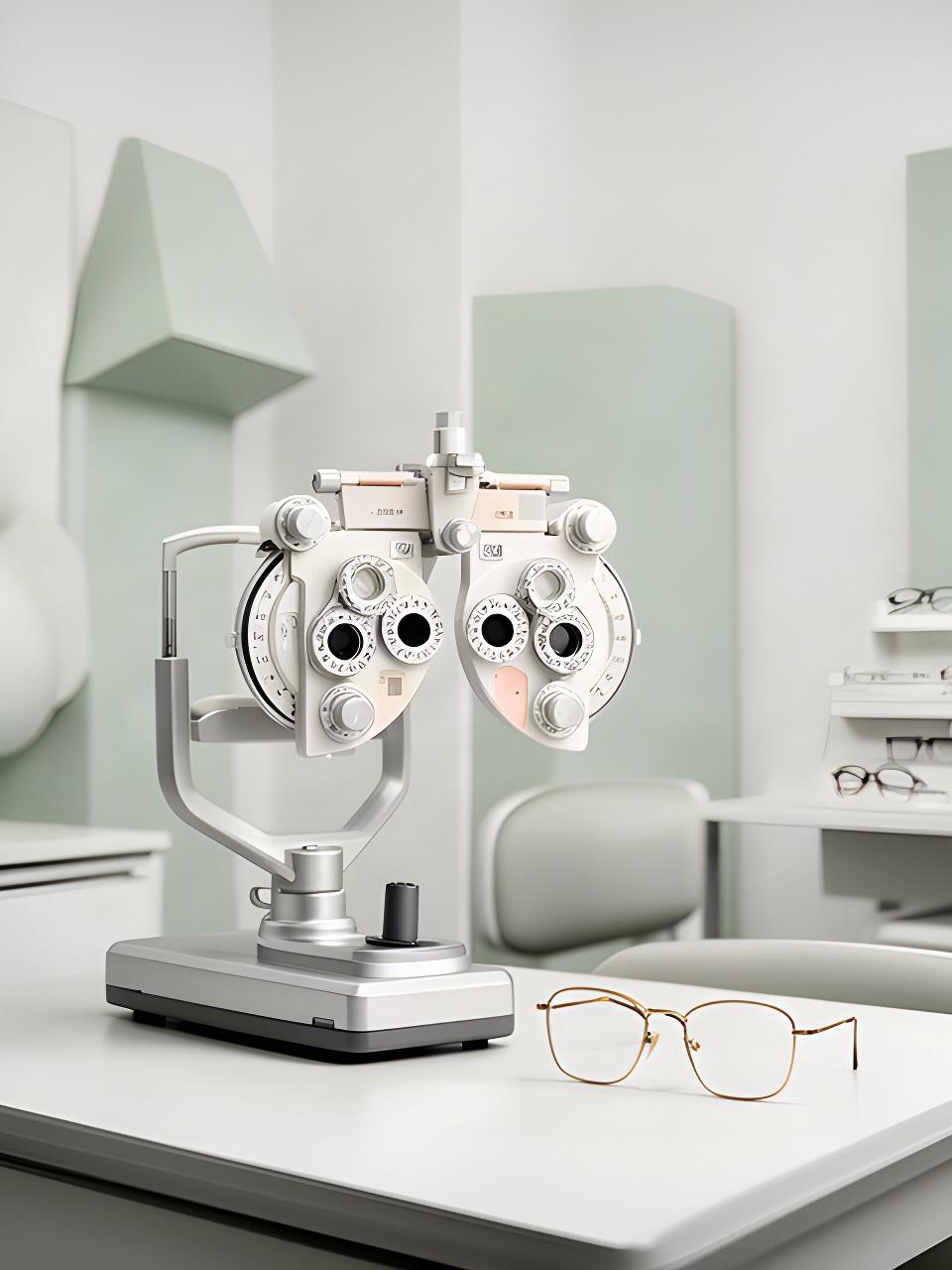 Sehtestgerät und Brillenfassung in einem ruhigen Untersuchungsraum einer Genfer Optikfiliale