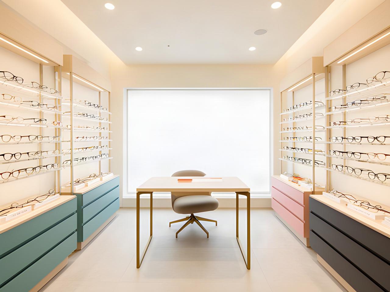 Heller Eingangsbereich eines Optikgeschäfts mit Brillenregalen und Beratungstisch