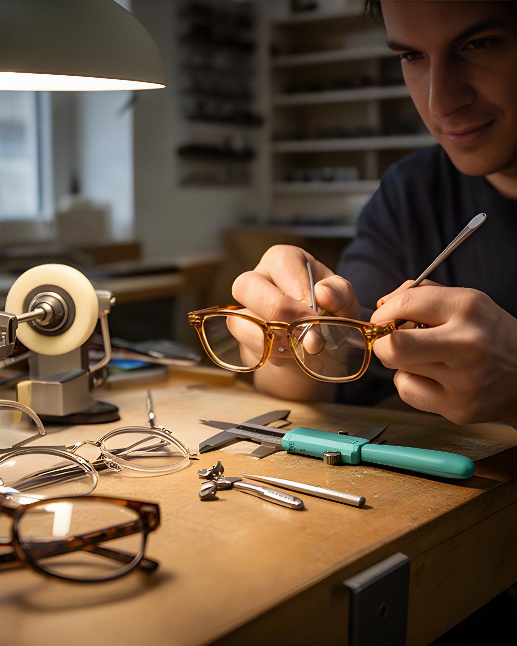 Fachperson bearbeitet eine Acetatfassung an einer Werkbank in der Optikerwerkstatt