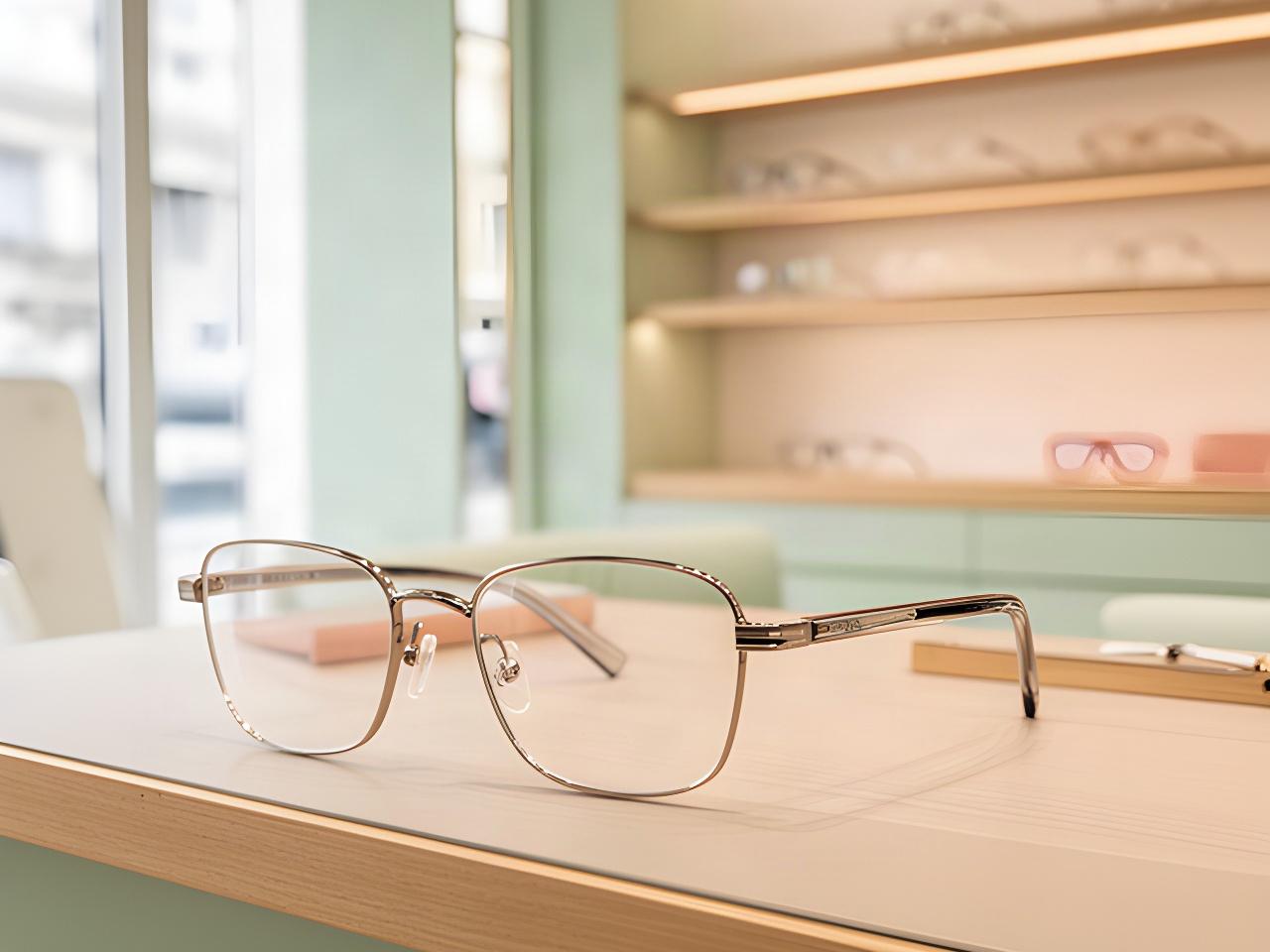 Nahaufnahme einer eleganten Brille auf einem Beratungstisch im hellen Optikatelier in Genf