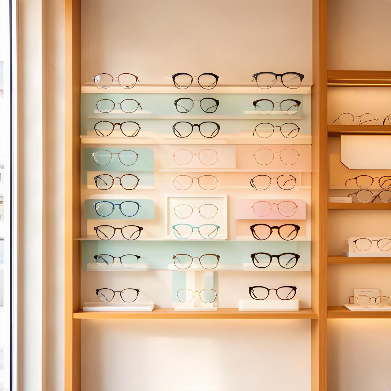Sorgfältig präsentierte Brillenfassungen an einer Wand im Optikgeschäft mit warmem Tageslicht
